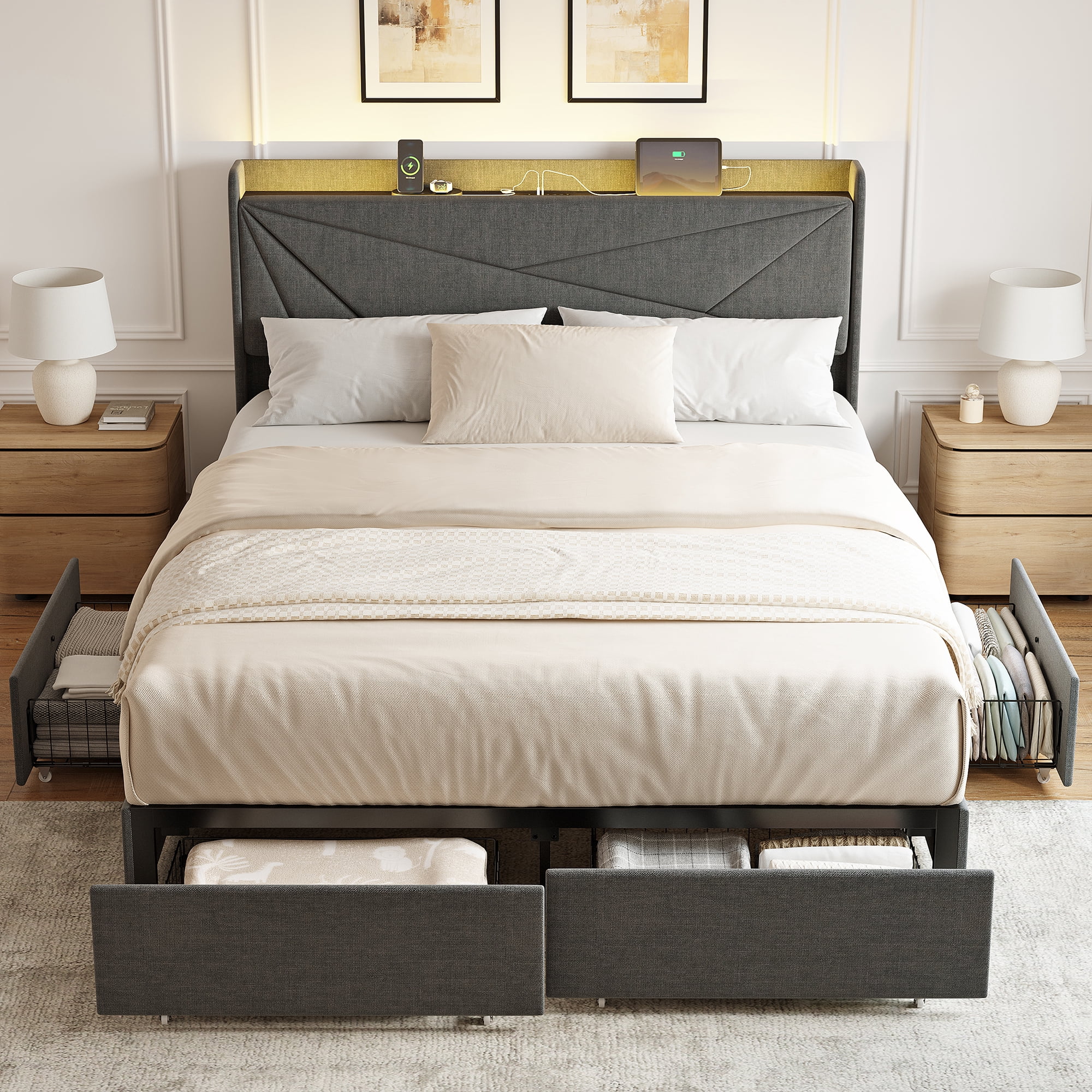 GUNAITO Queen Size Bed Frame with 4 Storage Drawers, Upholstered LED Bed with USB Ports, Modern Bed with Headboard Noise Free Platform Bed with Metal Frame, Dark Gray