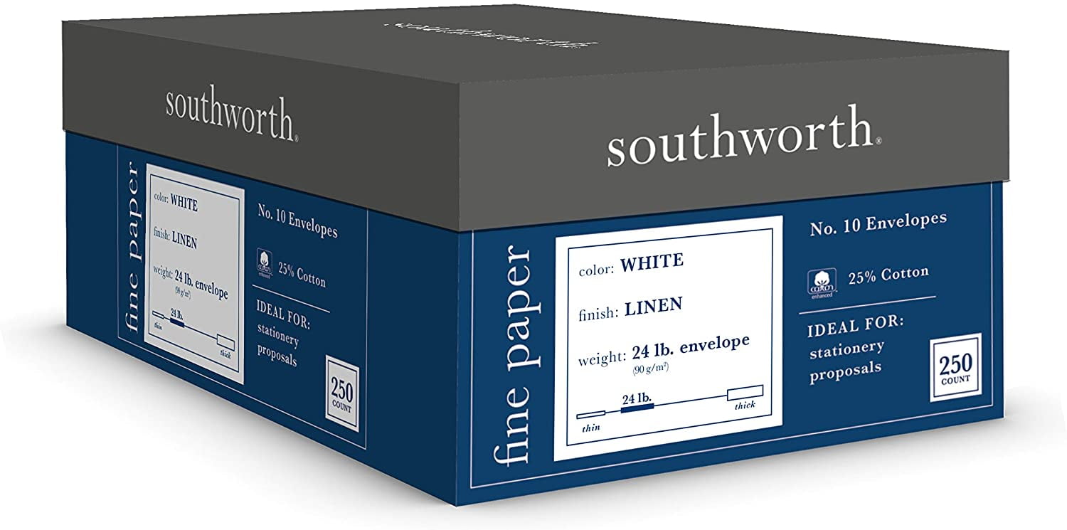 Southworth Fine Linen Envelopes, 25 Cotton, Size 10, White, 250 Count