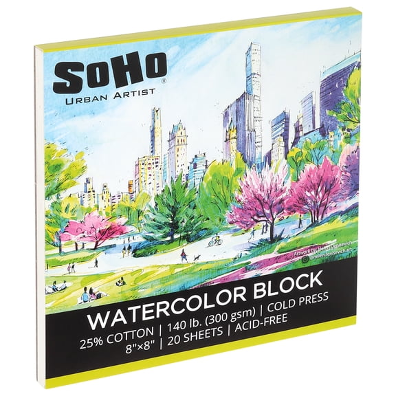 SoHo Urban Artist Watercolor Block 8x8" - 140lb 20 Sheets Cold Press, Professional, Sustainable, Acid-Free