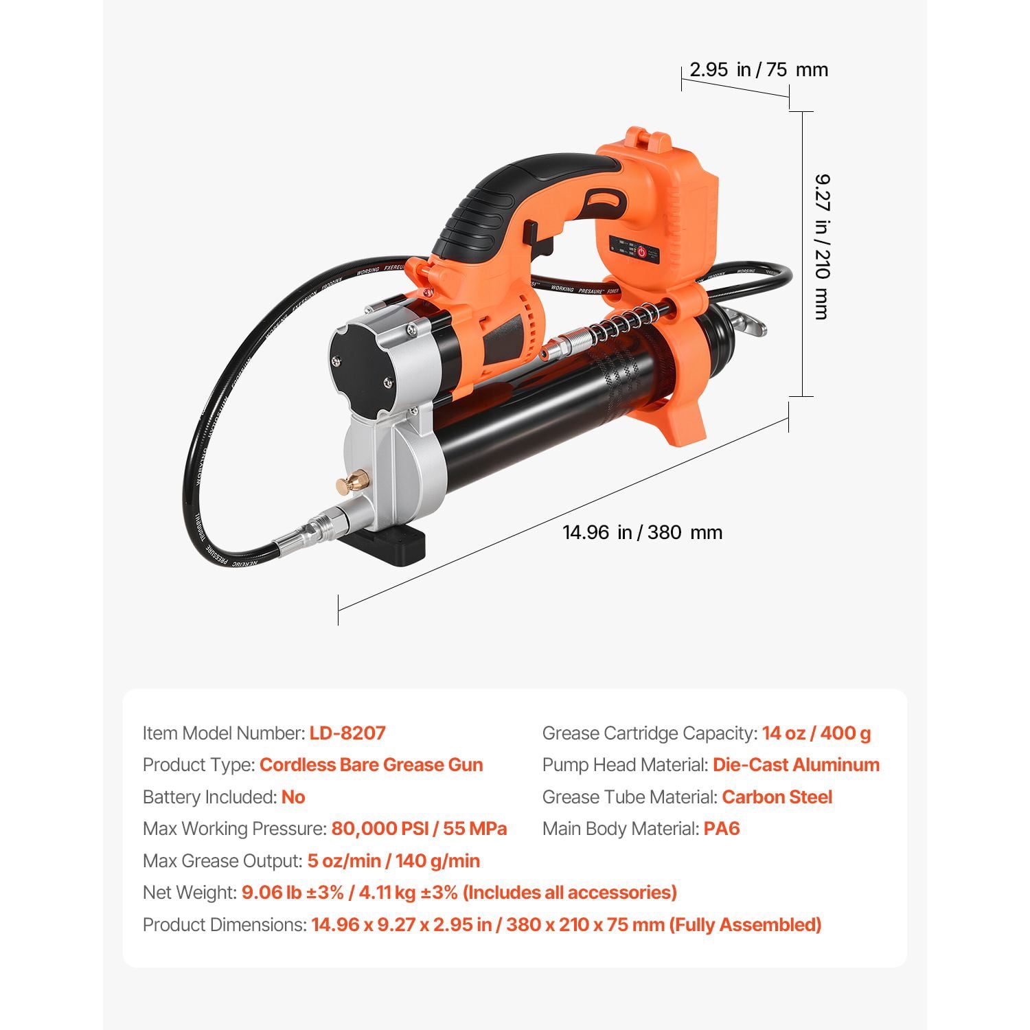 Heavy Duty Cordless Grease Gun 80,000 PSI 20V Battery Powered Electric Grease Gun (Tool Only)