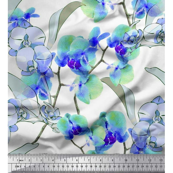 Soimoi Crepe Silk Fabric Leaves & Orchids Flower Fabric Prints by Yard 42 Inch Wide