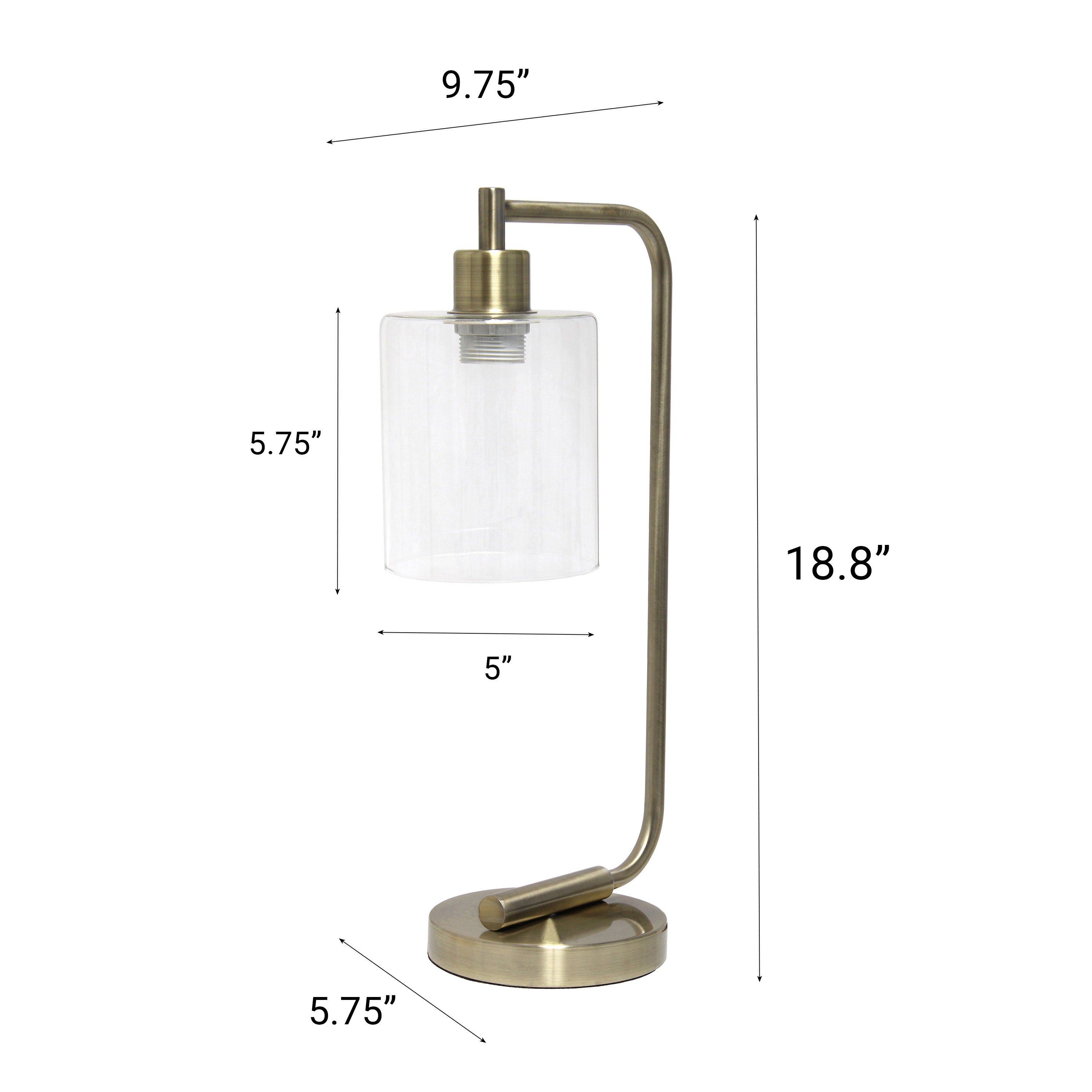 Creekwood Home 18.8" Vintage Industrial Curved Arm Desk Lamp & Glass Shade, Antique Brass