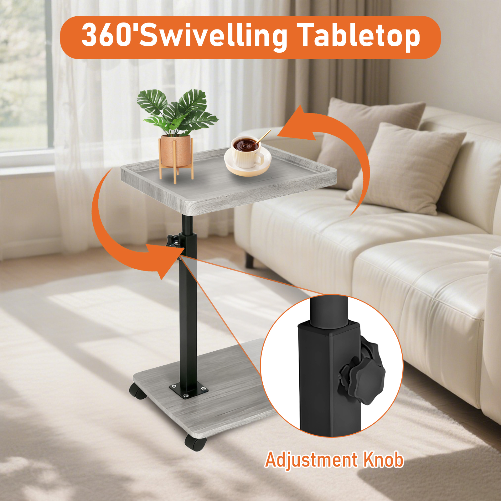 ManyFun C Table End Table Adjustable Height, 360°Swivel TV Tray Table for Small Spaces, Couch Tables That Slide Under, C Shaped Side Tables with Wheels for Living Room and Bedroom, Bed