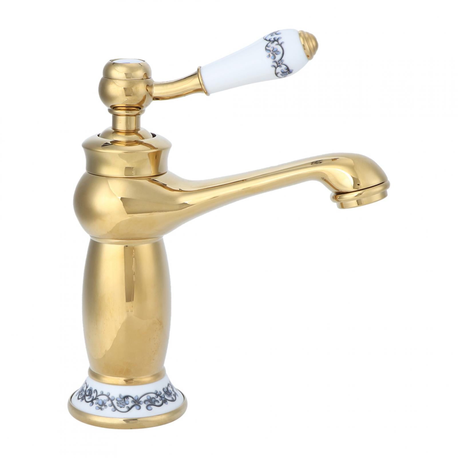 BIMZUC Stylish Antique Gold Brass Basin Faucet Hot and Cold Water Tap for Bathroom Vanity Sink with Double Hose Installation Kits, Premium Electroplating Surface, 7.3 inches / 18.5 cm Height