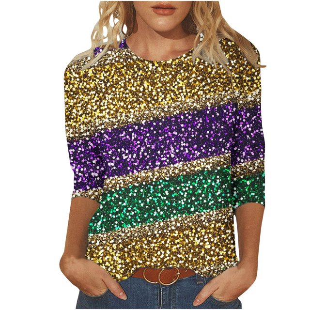 Penkiiy T-shirt Blouse Décontractée à Manches 3/4 et Col Rond pour Femmes, Impression Mode Mardi Gras, 2TG Multicolore