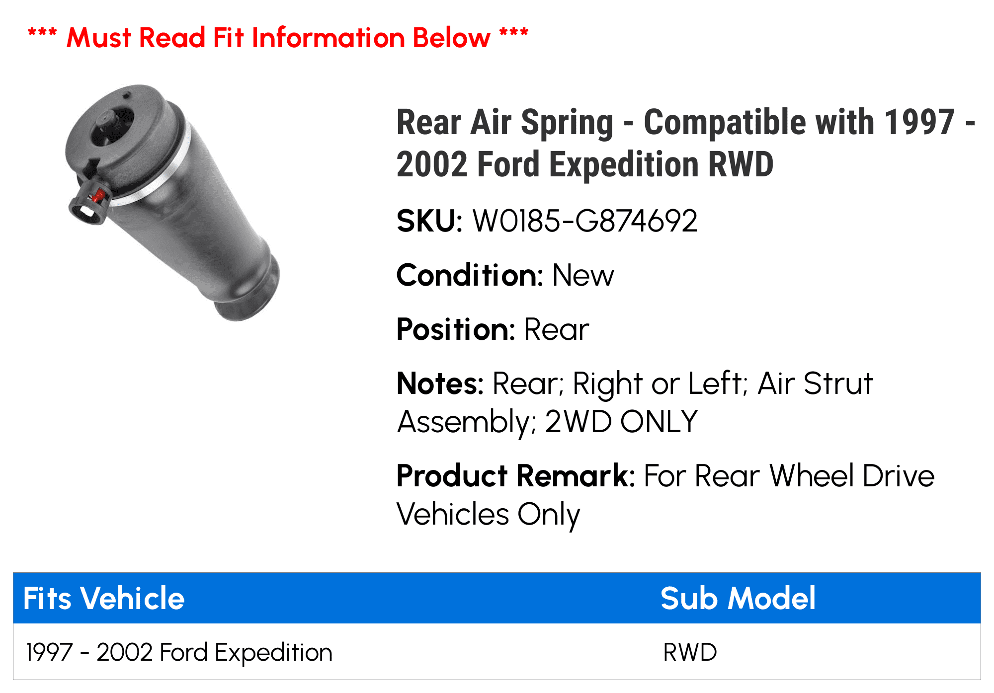 Rear Left /Right Air Bag Fit 1997 1999 Ford Expedition 2WD Air Suspension Bellow 
