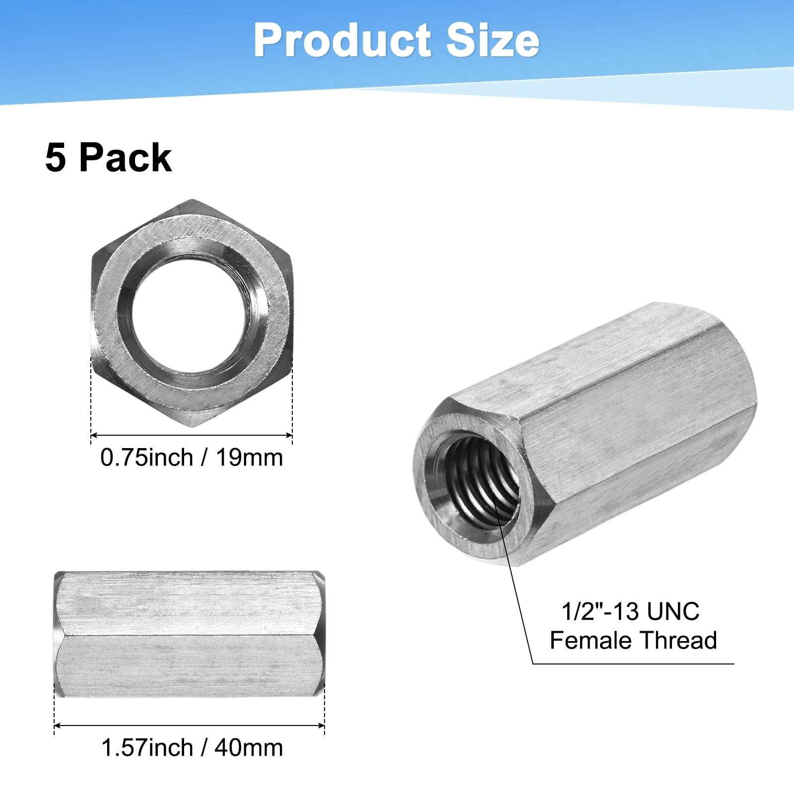 Uxcell 5-Pack 1/2"-13 UNC Hex Coupling Nuts, 1.57" Length 304 Stainless Steel Fully Threaded[Silver Tone]