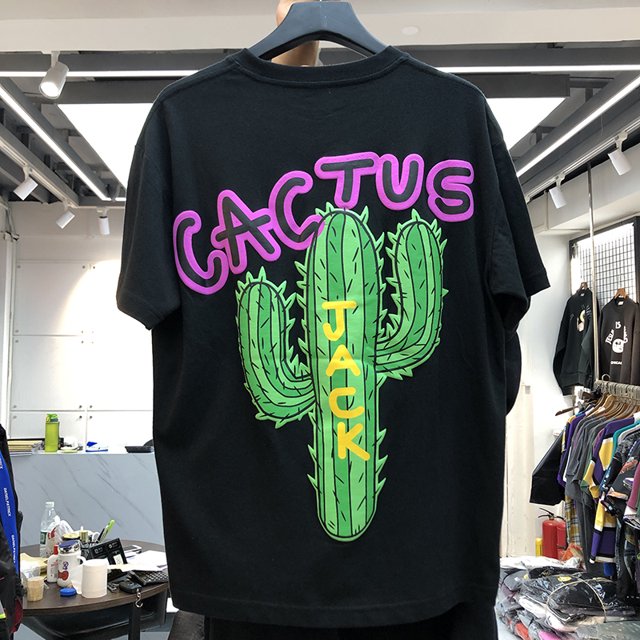 Camiseta de algodón con estampado de Cactus Jack para hombre, ropa de calle masculina de lujo, estilo Hip Hop, Travis, novedad de 2023BLACK 1