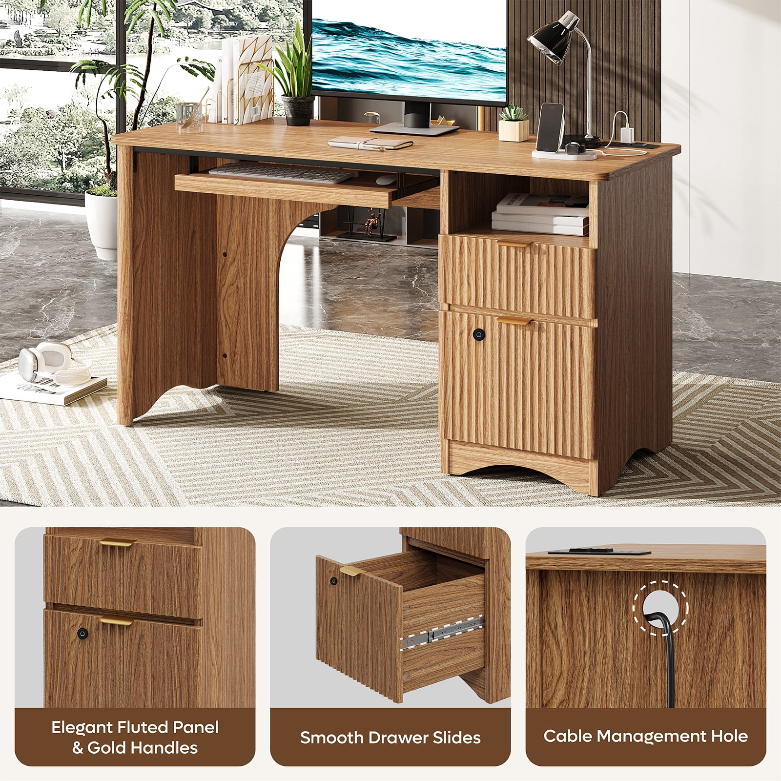 Bestier 55" Home Office Desk with Smart Fingerprint Cabinet Lock, Writing Computer Desk with Power Outlets, Keyboard Tray and Storage Drawers, Brown