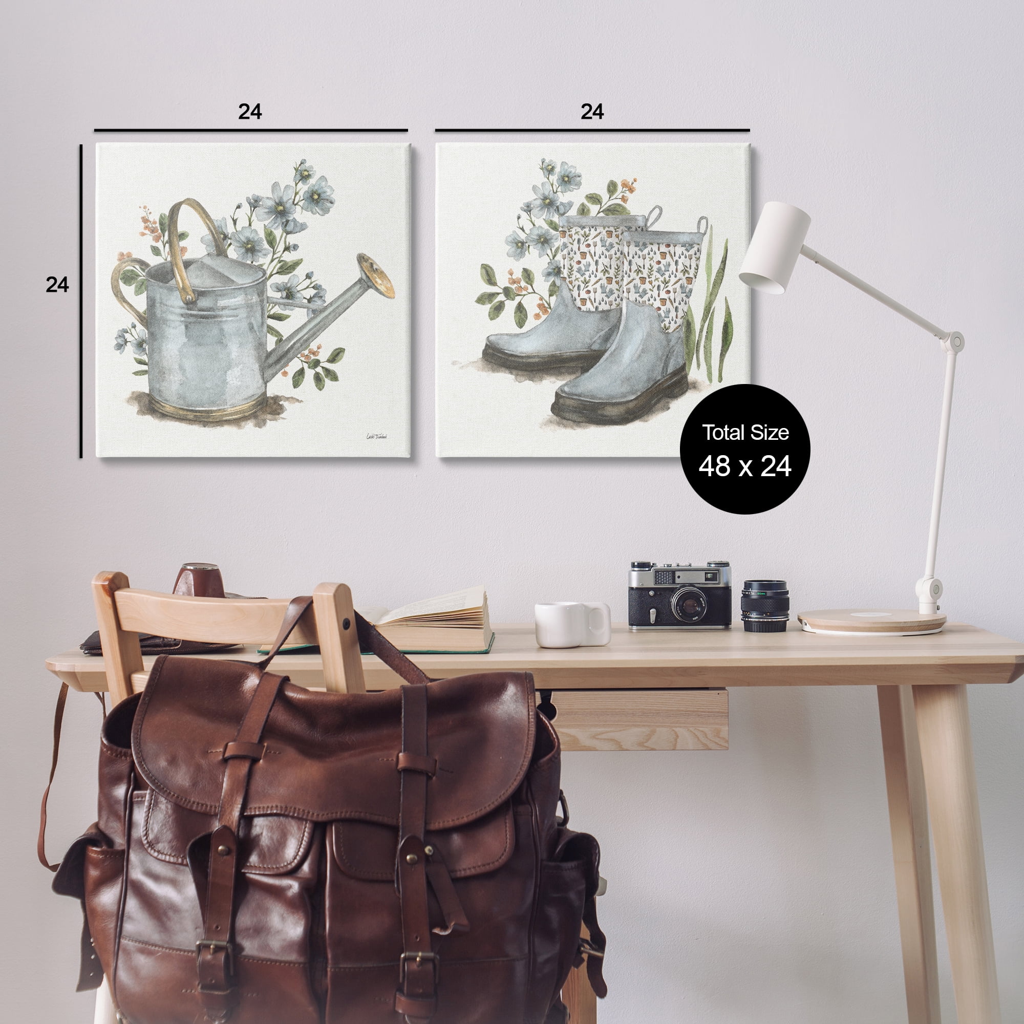Stupell Industries Floral Watering Can Gardening Boots Plants & Flowers Painting Wrapped Canvas Art Print Wall Art, 24 x 24, Set of 2