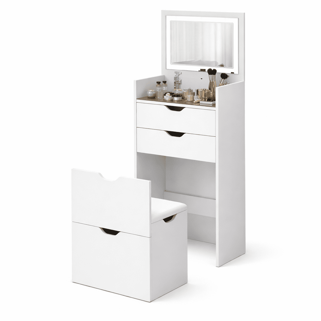 Homy Casa Vanity Table & Bench Set with Flip-Up LED Mirror, Storage Stool, White