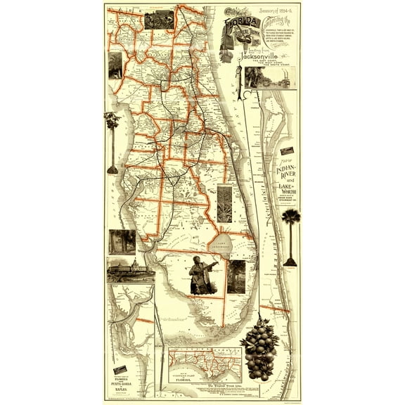 Railroad Map - Florida Railroads - Matthews 1894 - Vintage Wall Art