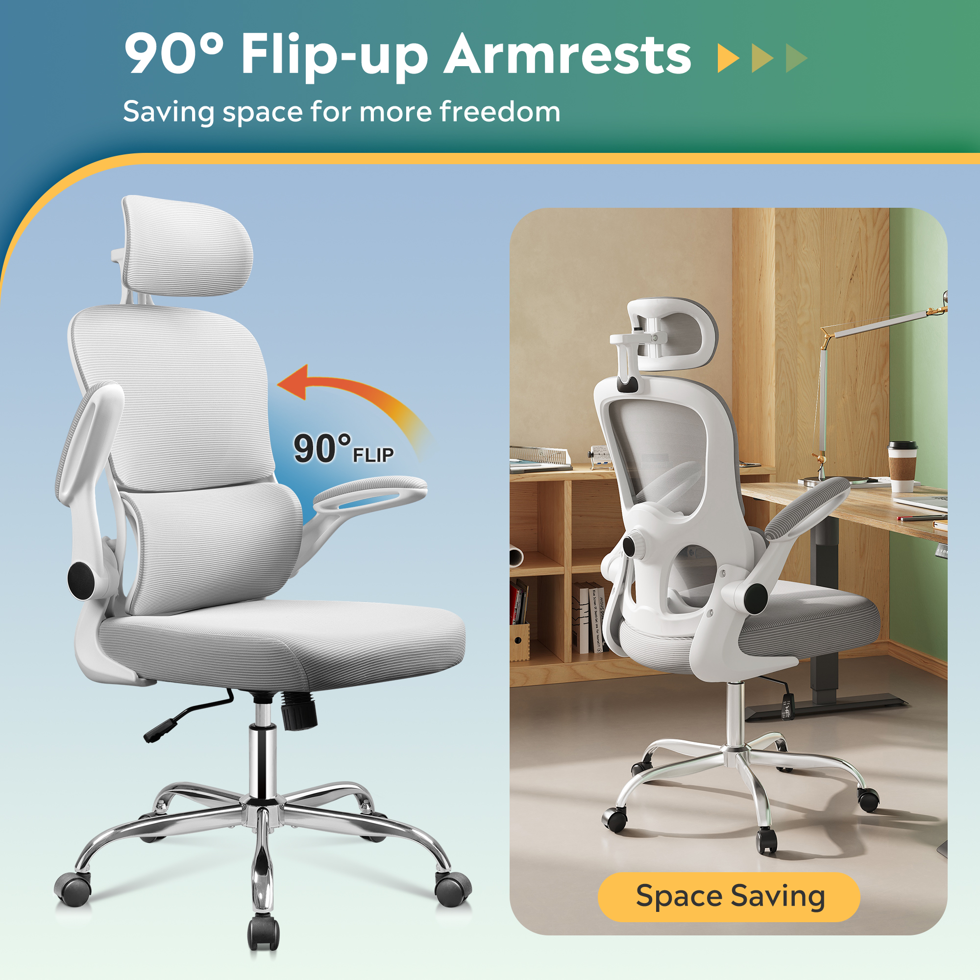 GALAXHERO Ergonomic High Back Mesh Office Chair, Swivel Desk Chair with Lumbar Support & Flip-up Armrests for Home Office Use, Breathable Mesh, White