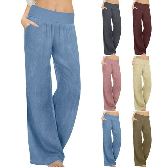Fengqque Womens Baggy Wide Leg Pants Casual Loose Elastic Waisted Lounge Imitation Denim Pants with Pockets Wine 10(XL)