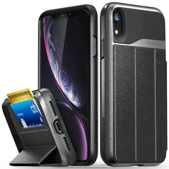 Vena iPhone XR Wallet Case, [vCommute][Military Grade Drop Protection] Flip Leather Cover Card Slot Holder with Kickstand Compatible With Apple iPhone XR (Space Gray/Black)