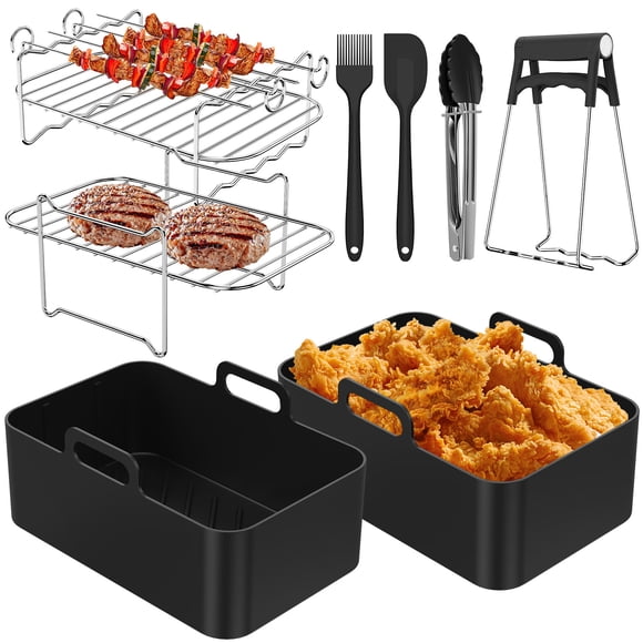 Juego de 8 Uds de Aire Fryer Accessories Resistente Al Calor, Sartén de Silicona Fryer, Reutilizable, Estante Fryer de Aire de Acero Inoxidable con Cepillo de Aceite, Pinzas para Alimentos, Espátula, Elevador de Placa, Apto para Lavavajillas