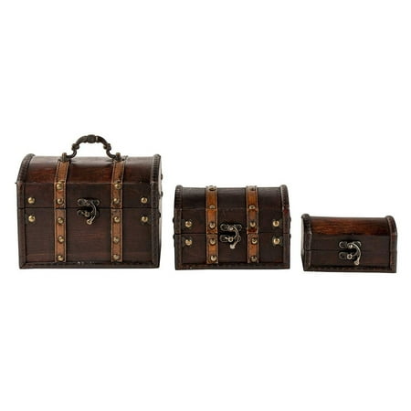 Antique Wooden Treasure Box Set - 3-Piece Keepsake Boxes, Vintage Antique Storage Trunk, Decorative Medieval Chest Organizer Home, Assorted Sizes