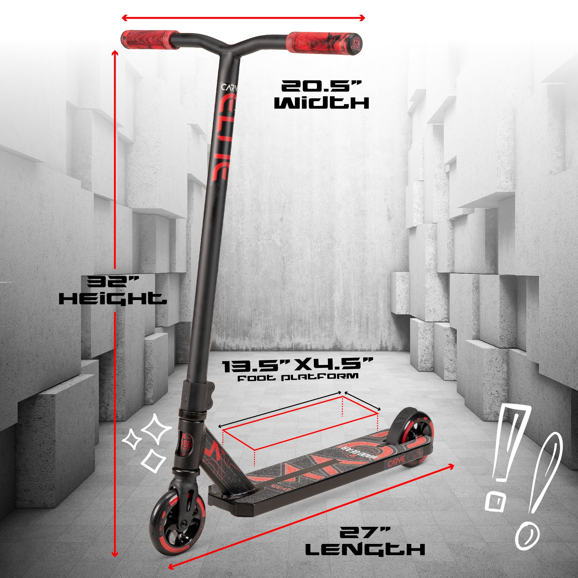 Kids & Teens Pro Stunt Scooter Ages 8–13 – Beginner Freestyle Trick Scooter, 32" Fixed Height, 110 mm Alloy Core Wheels, Black/Red – Madd Gear Carve Elite, For Ages 8 Years and Up