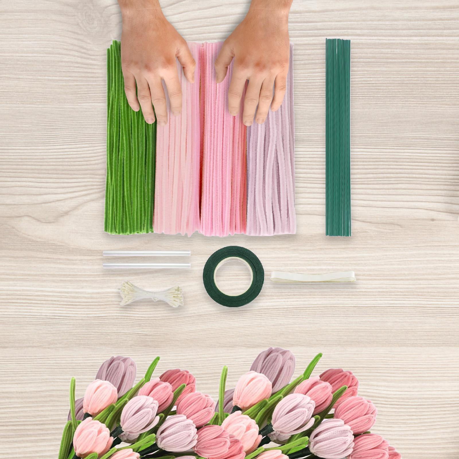 Tachiuwa Pipe Cleaners Craft DIY Flower Making Arrangement Elegant DIY Bouquet Supplies Chenille Stem for Festival Wedding Pink