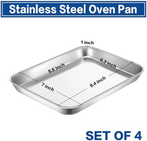 9 Inch Baking Cookie Sheet, Oven Pan Tray Stainless Steel Sheet Pan for Kitchen, Oven Bakeware for Multi Uses, Shiny Look & Dishwasher Safe, Healthy & Heavy Duty, 4Pcs