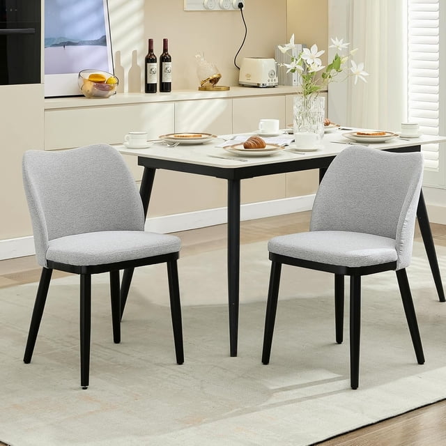 Set of 2 gray linen - fabric dining sillas con negra wood legs y padded asientos