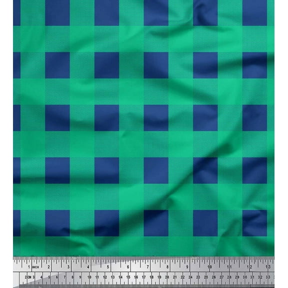 Soimoi Green Cotton Duck Fabric Check & Dots Print Sewing Fabric Yard 44 Inch Wide
