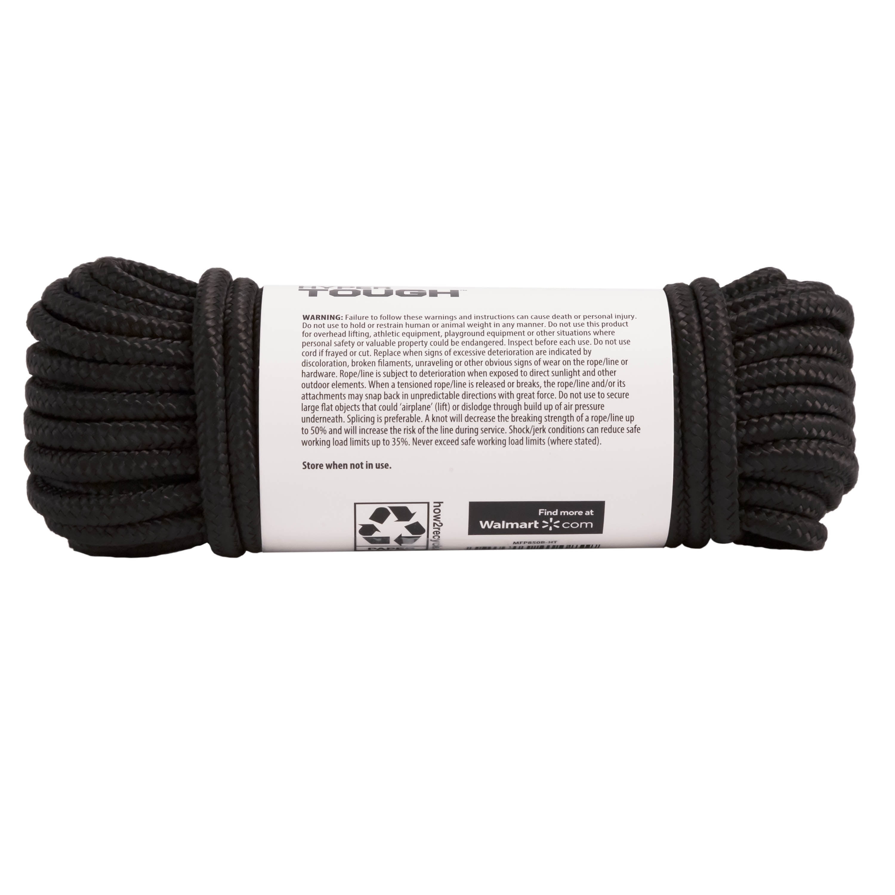 Hyper Tough Item MFP850B-HT, Polypropylene Diamond Braid Rope, Black, 1/4" x 50', 1 Each