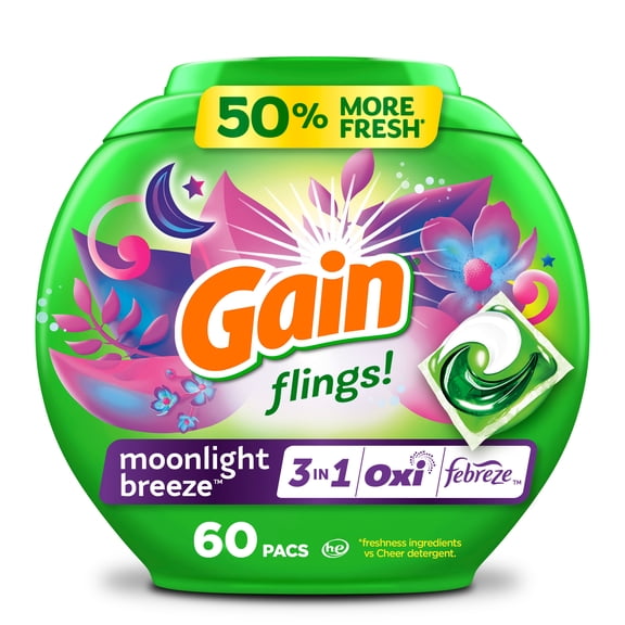 Gain Flings Laundry Detergent Soap Pacs, 3-in-1 Oxi Boost and Febreze, Moonlight Breeze Scent, 60 Count
