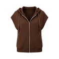 thumbnail image 7 of Women's Plus Size Cap Sleeve Hoodie Summer Loose Casual Zip Up Drawstring Tops with Pockets Brown, 7 of 7