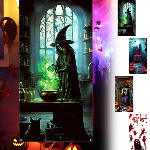 Jiaeri Rideau Suspendu de Porte d'Halloween, Déco de Porche Effrayante pour Fête et Festival, Mise en Scène de Maison Hantée, Décoration de Crâne de Fantôme pour la Maison et l'Extérieur