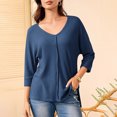 thumbnail image 4 of Womens Summer Waffle Knit Top V Neck Tunic Tops 3/4 Length Sleeve Off The Shoulder T Shirts Loose Fitted Solid Basic Tees Trends Dressy Blouses Holiday Party Clothing, 4 of 7