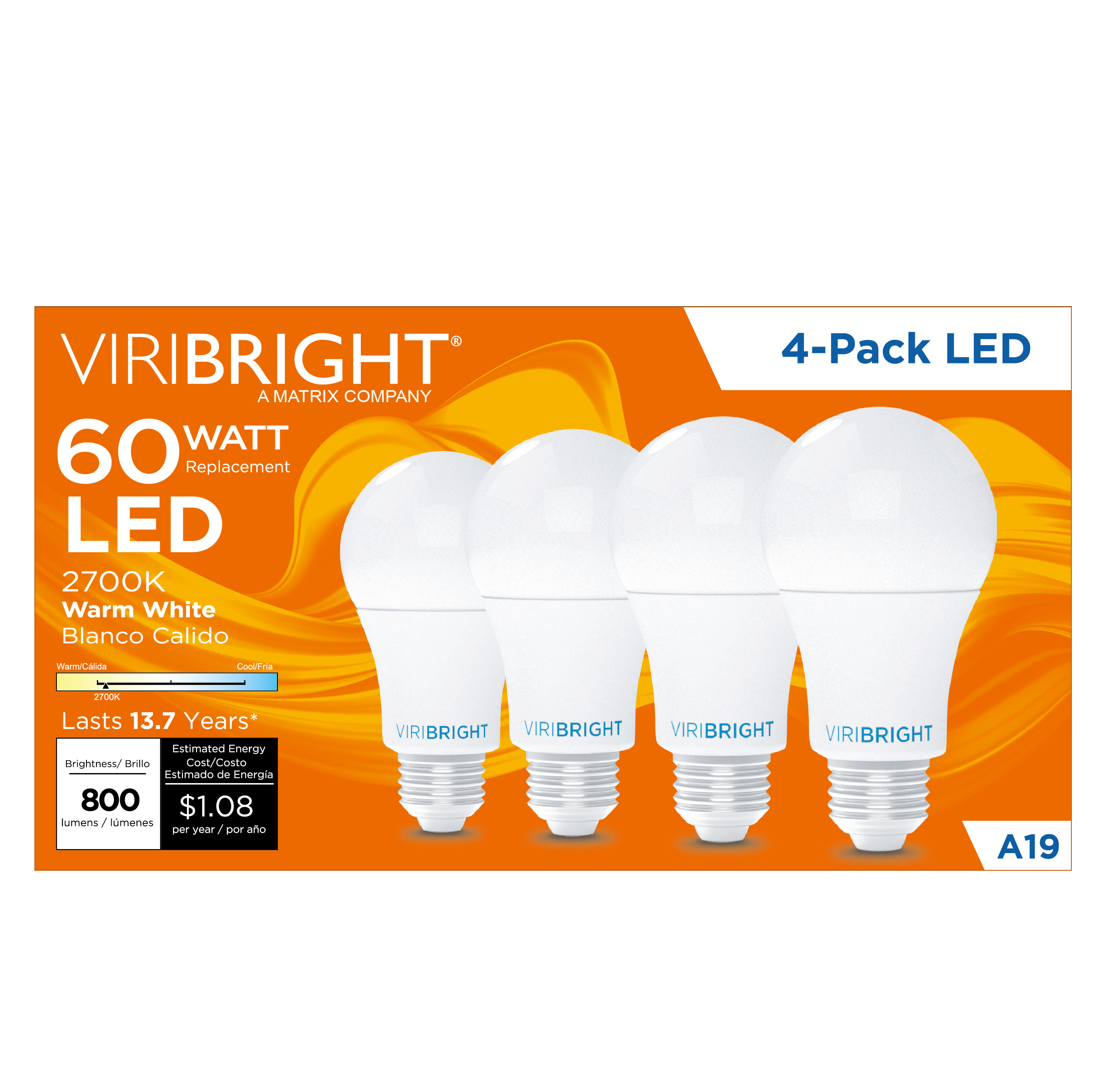 Viribright® A19 LED BULB, 9W, 800 Lumens, Non-Dimmable, Warm White 2700K (8 Pack)