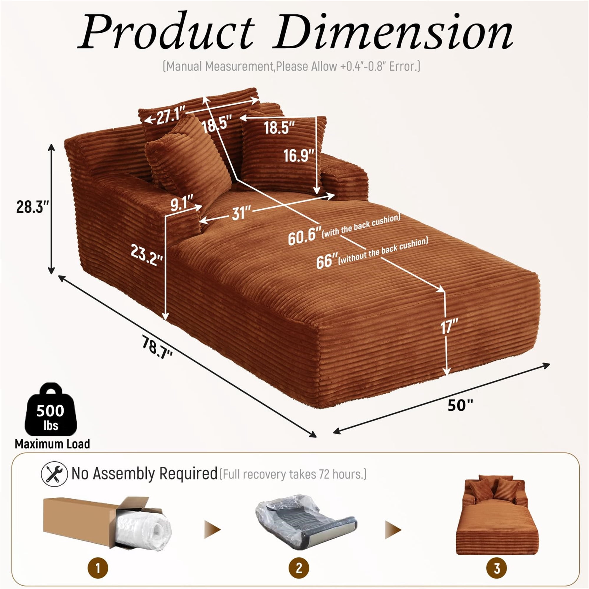 Aukfa 79" Extra Long Chaise Lounge Oversized Indoor Chair Boneless Couch for Living Room, 3Pillows, Orange