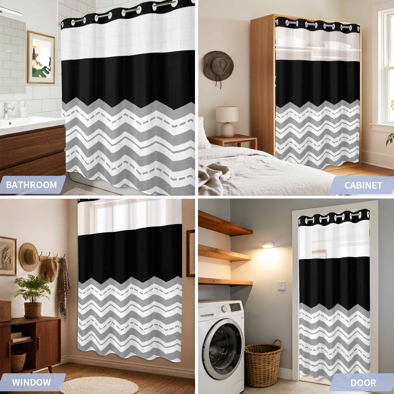 No Hook Shower Curtain Grey Waves Shower Curtain for Bathroom Black Chevron Stripe Bath Curtains Waterproof Fabric with See Through Top Window for Spa Hotel 36x72 Inch