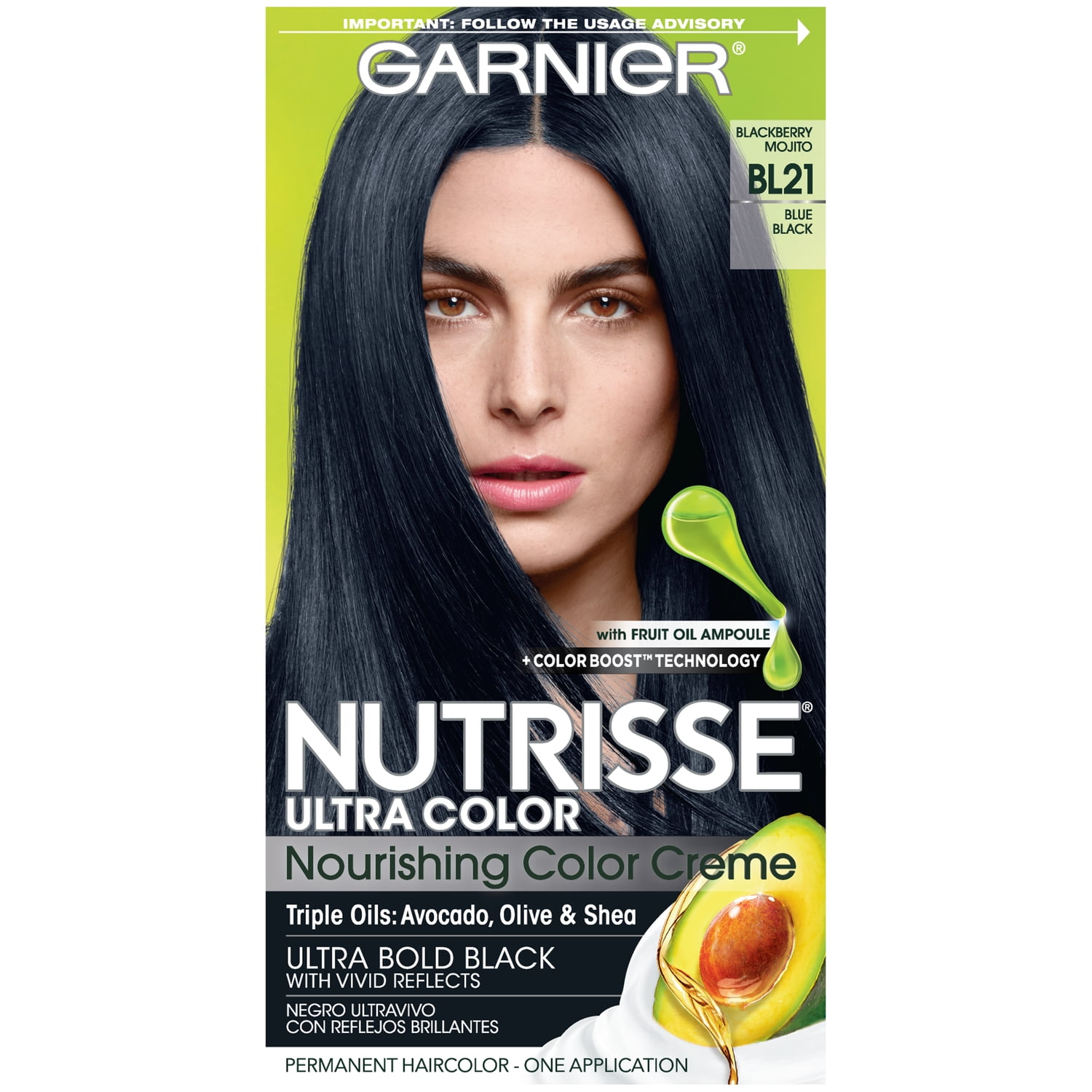 Garnier Nutrisse Ultra Color Nourishing Bold Permanent Hair Color Creme,  BL21 Blue Black, 1 kit 