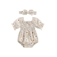 thumbnail image 2 of Aojekbee Baby Girl 2Pcs Summer Outfits Short Sleeve Daisy Print Smocked Romper with Headband Set Newborn Clothes, 2 of 10