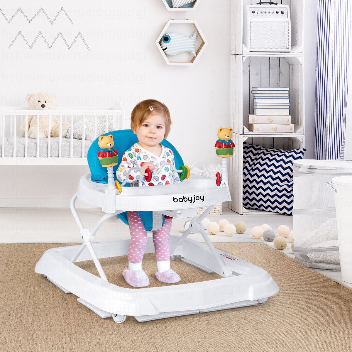 Costway Baby Walker Adjustable Height Removable Toy Wheels Folding Portable Blue