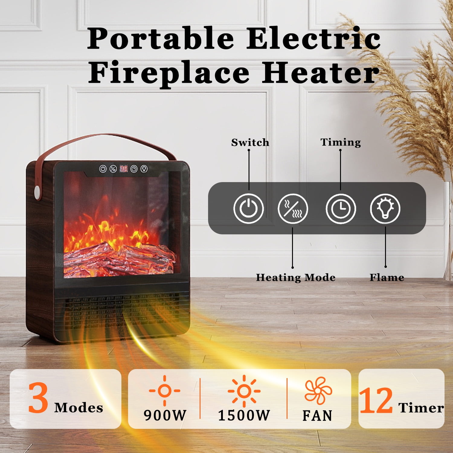 Portable Electric Fireplace Space Heater for Indoor Use, Remote Control, 3 Mode Settings, 24H Timer & Safety Tip-Over Protection