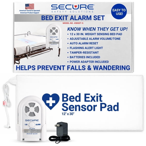 Secure Safety Solutions Bed Alarm for Seniors with Power Adapter - 12" x 30" Bed Sensor Pad, 80-120 dB Alarm Monitor - Bed Alarms and Fall Prevention for Elderly Dementia Patients