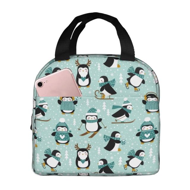 Easygdp Winter Skiing Penguin Bolsa Térmica Premium - Tela Oxford Impermeable, Gran Capacidad, Bolsillo Frontal, Unisex para Trabajo, Escuela, Actividades al Aire Libre y Picnics