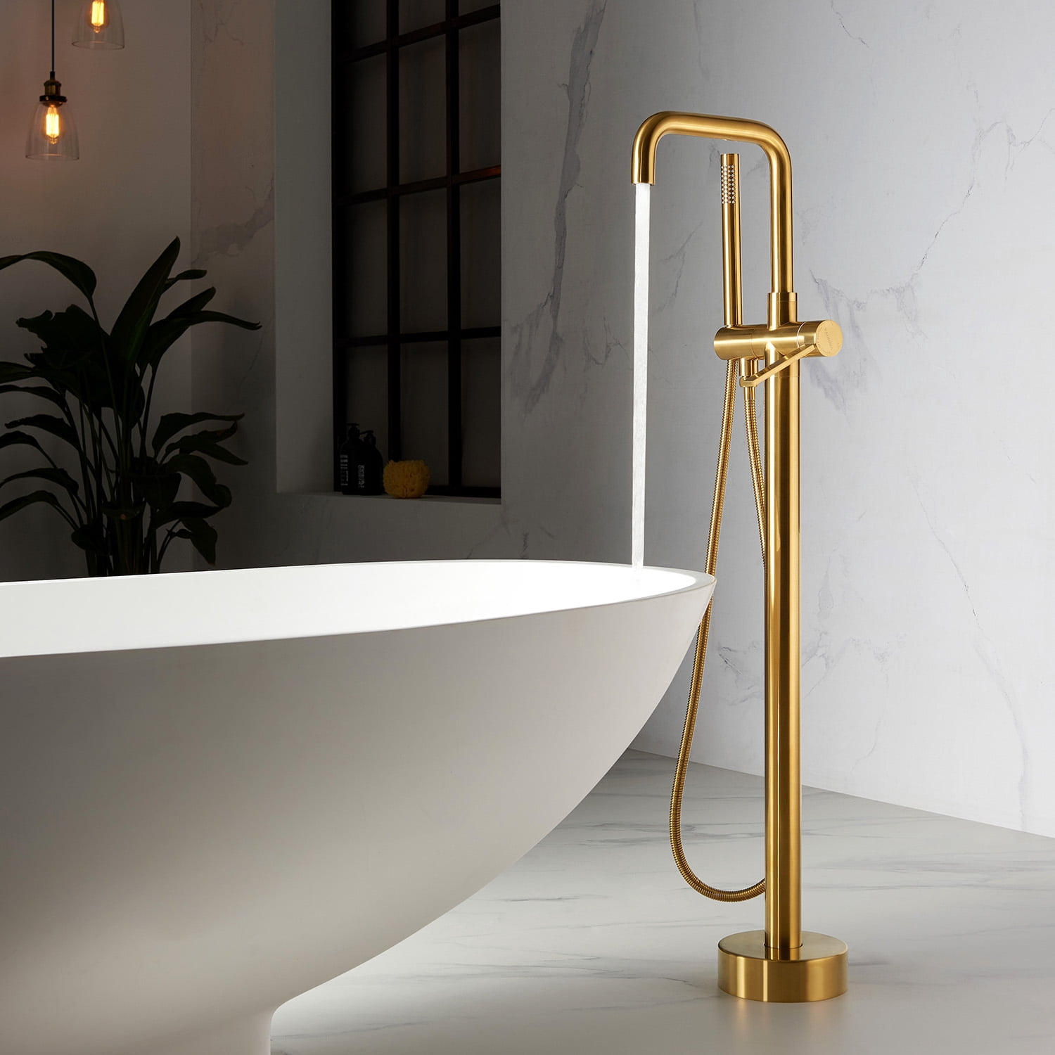 Vinnova Delara Freestanding Bathroom Chrome Tub Faucet with Hand Shower in Brushed Gold