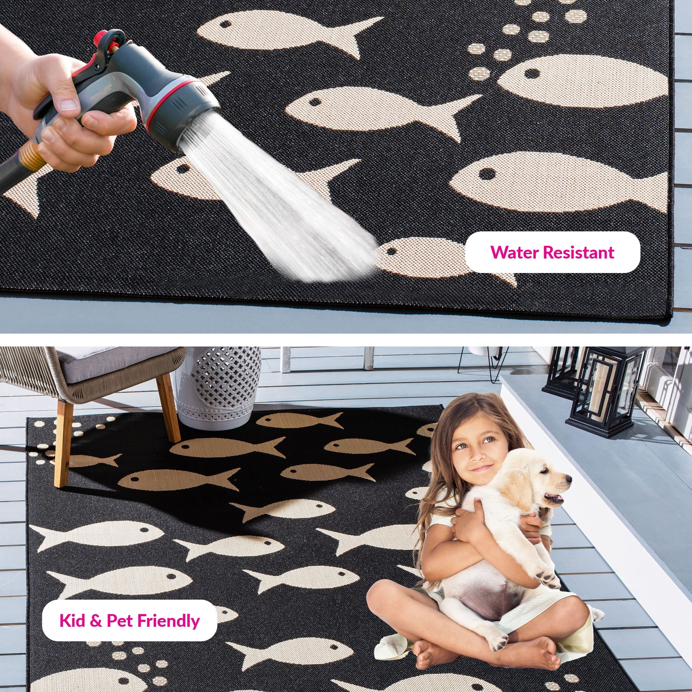 SAFAVIEH Courtyard Trena Fishes Indoor/Outdoor Area Rug, Black/Beige, 4' x 5'7"