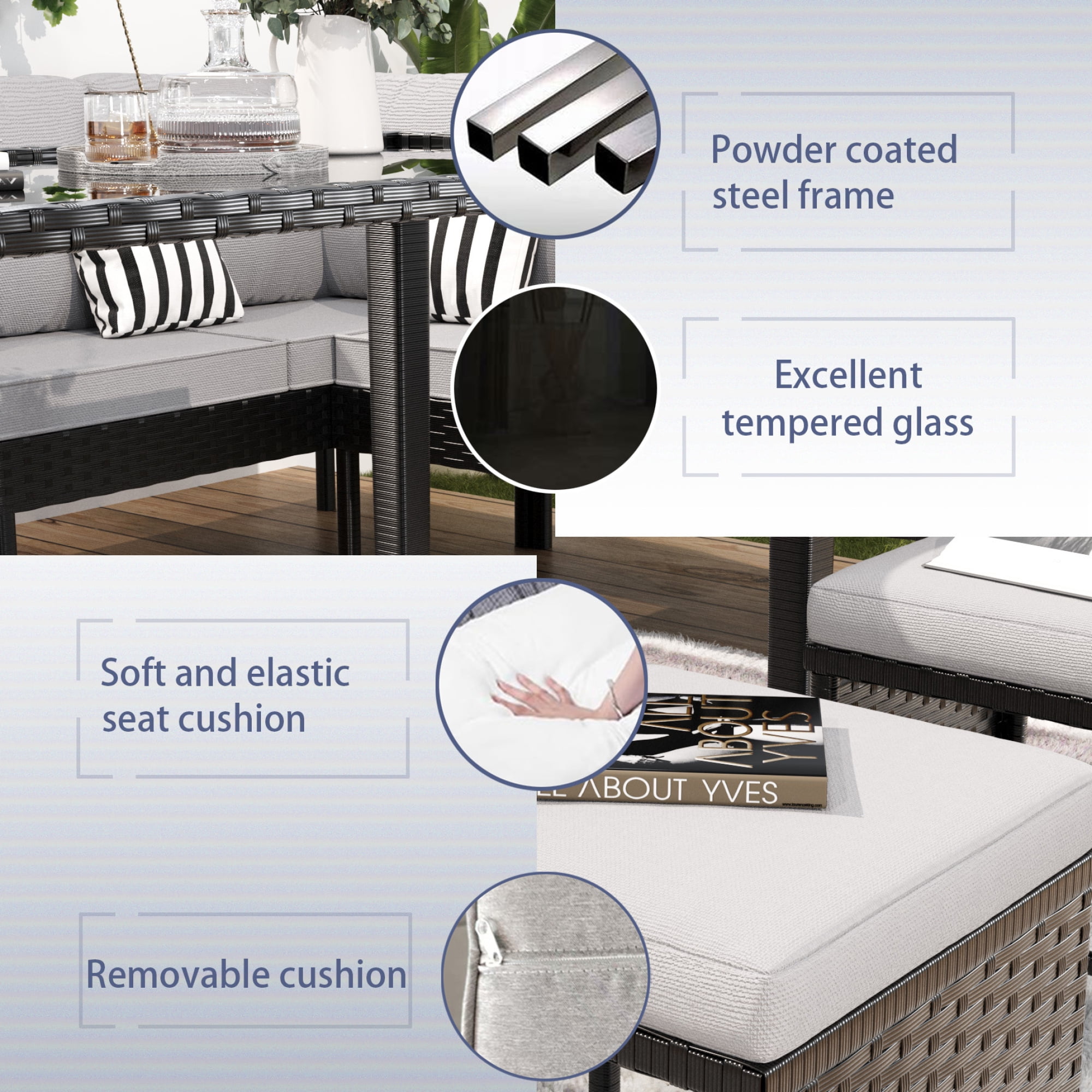 Leumius Patio Furniture Set,7-Piece Outdoor Sectional Sofa with Tempered Glass Table,Rattan Outdoor Conversation Set for Backyard & Porch,Garden,Gray