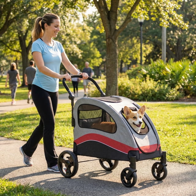 Foldable Dog Stroller for Large Dogs 135 LBS Capacity, 360° Rotating Wheels with One-Foot Brake, Pet Wagon with Breathable Mesh, Adjustable Handle and Storage Pocket