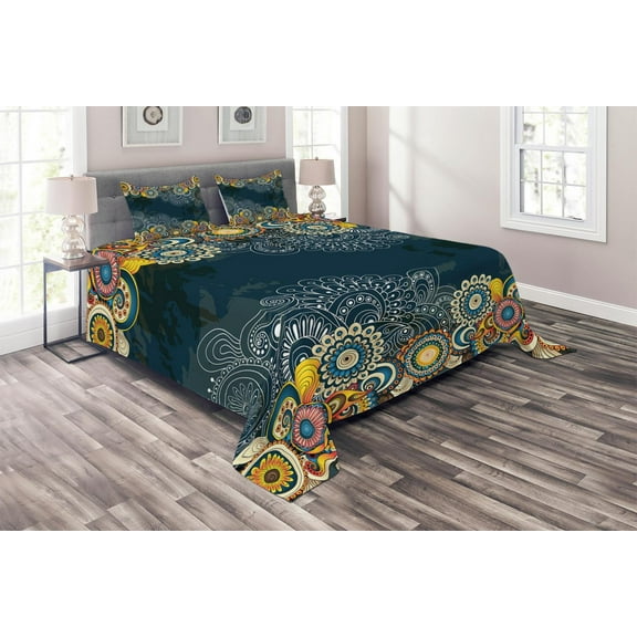 Ambesonne Psychedelic Quilted Coverlet 3 Pcs, Mandala Paisley, King Size, Blue Yellow