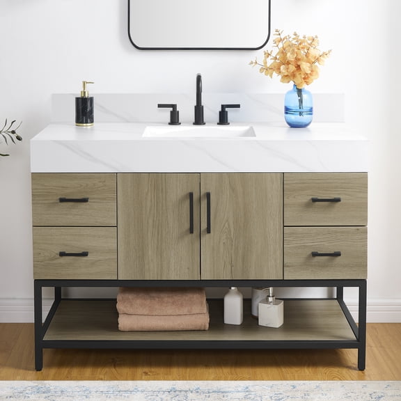 Utopia 48" Single Bathroom Vanity with Calacatta Sintered Stone Top, Sink & Backsplash. 49" W x 22" D x 34.5" H. Dark Oak. Metal Base. MDF. Pre-Assembled. 4 Drawers. 2 Doors. Adjustable Feet