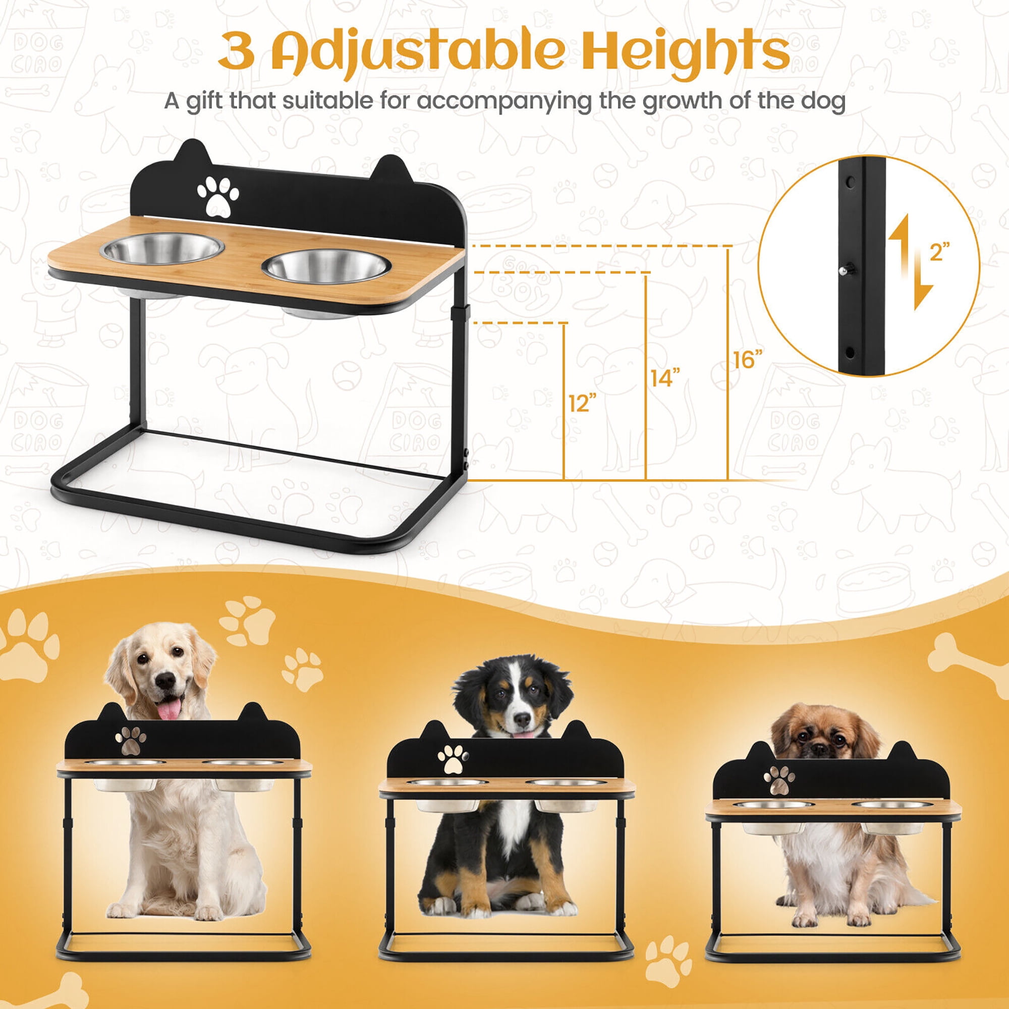 Gymax Elevated Dog Bowls 3 Adjustable Heights with 2 Stainless Steel Food Water Bowls