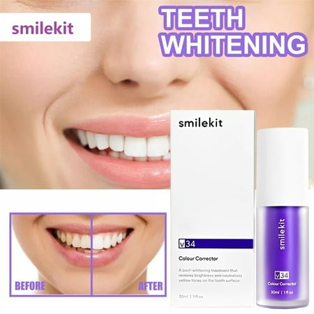 Smilekit v34 Colour Toothpaste, Purple Teeth Whitening, Tooth Stain Removal, Teeth Whitening Booster, Purple Toothpaste, Colour Correcting 30ml