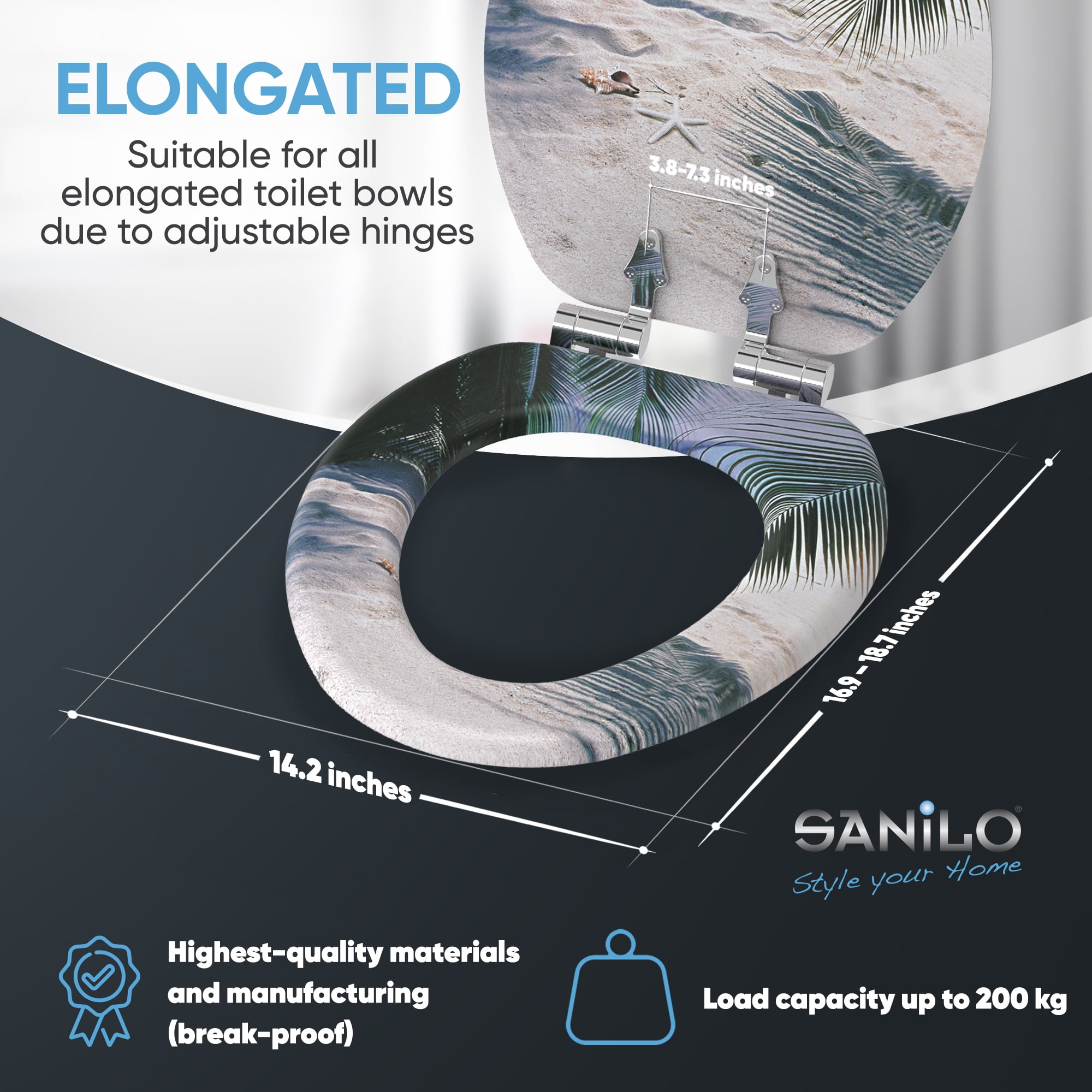 Sanilo Soft Close Toilet Seat ELONGATED, Quiet and Slow Close Lid and Seat, Strong Bumpers and Hinges, Beach