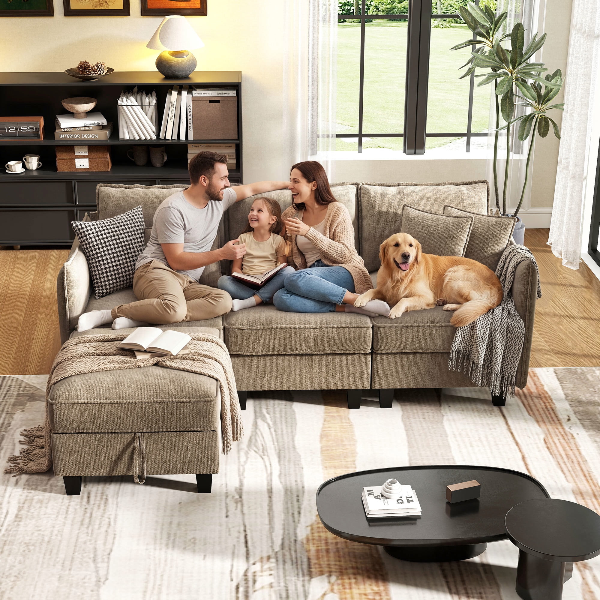 BedLuxury 84” Modular Sectional Sofa with Moveable Storage Ottoman, Cloud Couch Seats 4, Modern Living Room Furniture, Chenille Brown